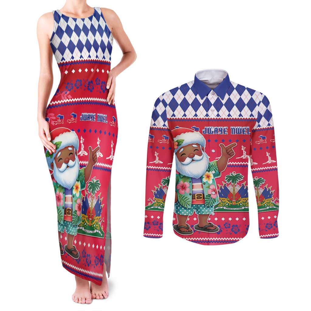 Haiti Christmas Couples Matching Tank Maxi Dress and Long Sleeve Button Shirt Haitian Santa Jwaye Nwel - Wonder Print Shop