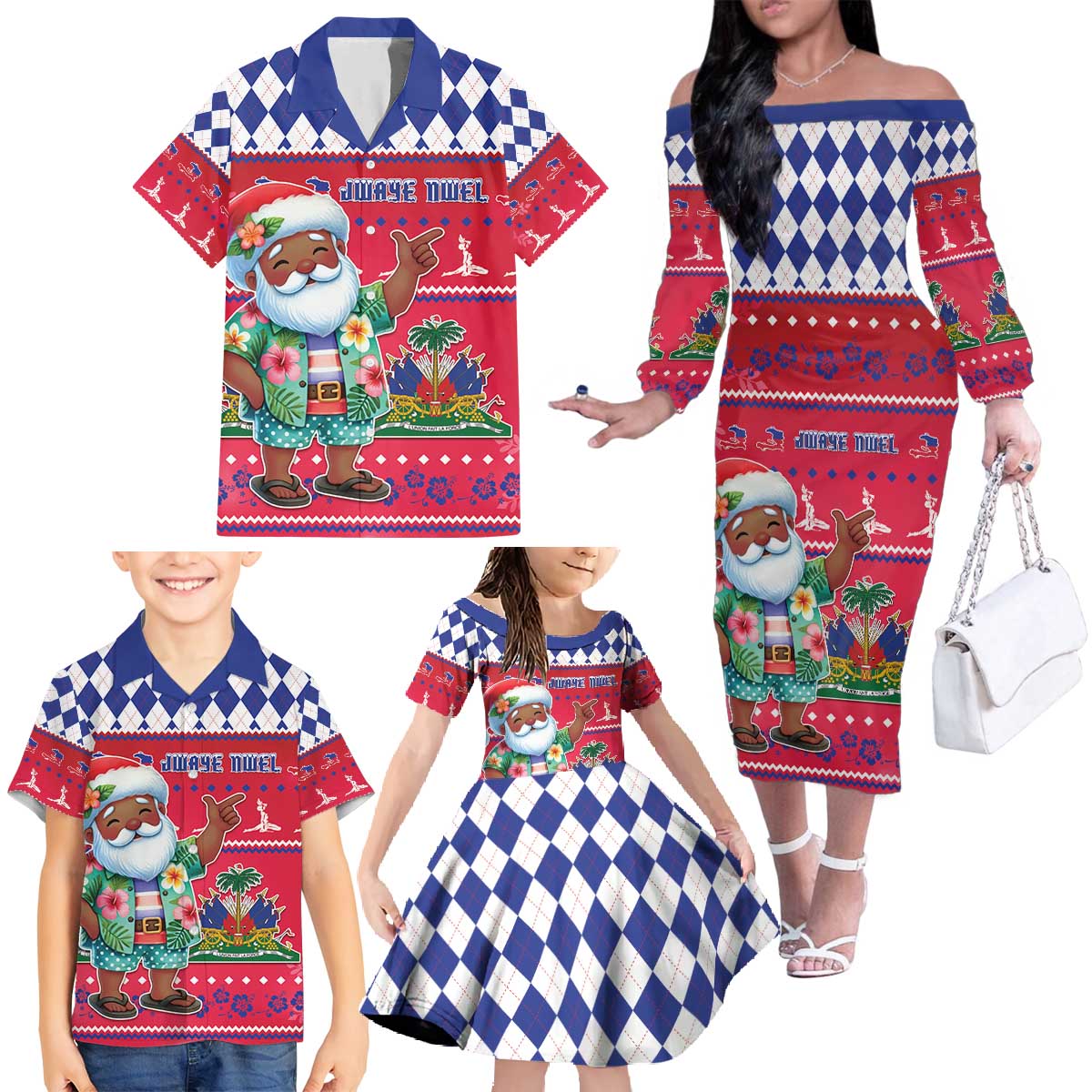 Haiti Christmas Family Matching Off The Shoulder Long Sleeve Dress and Hawaiian Shirt Haitian Santa Jwaye Nwel - Wonder Print Shop