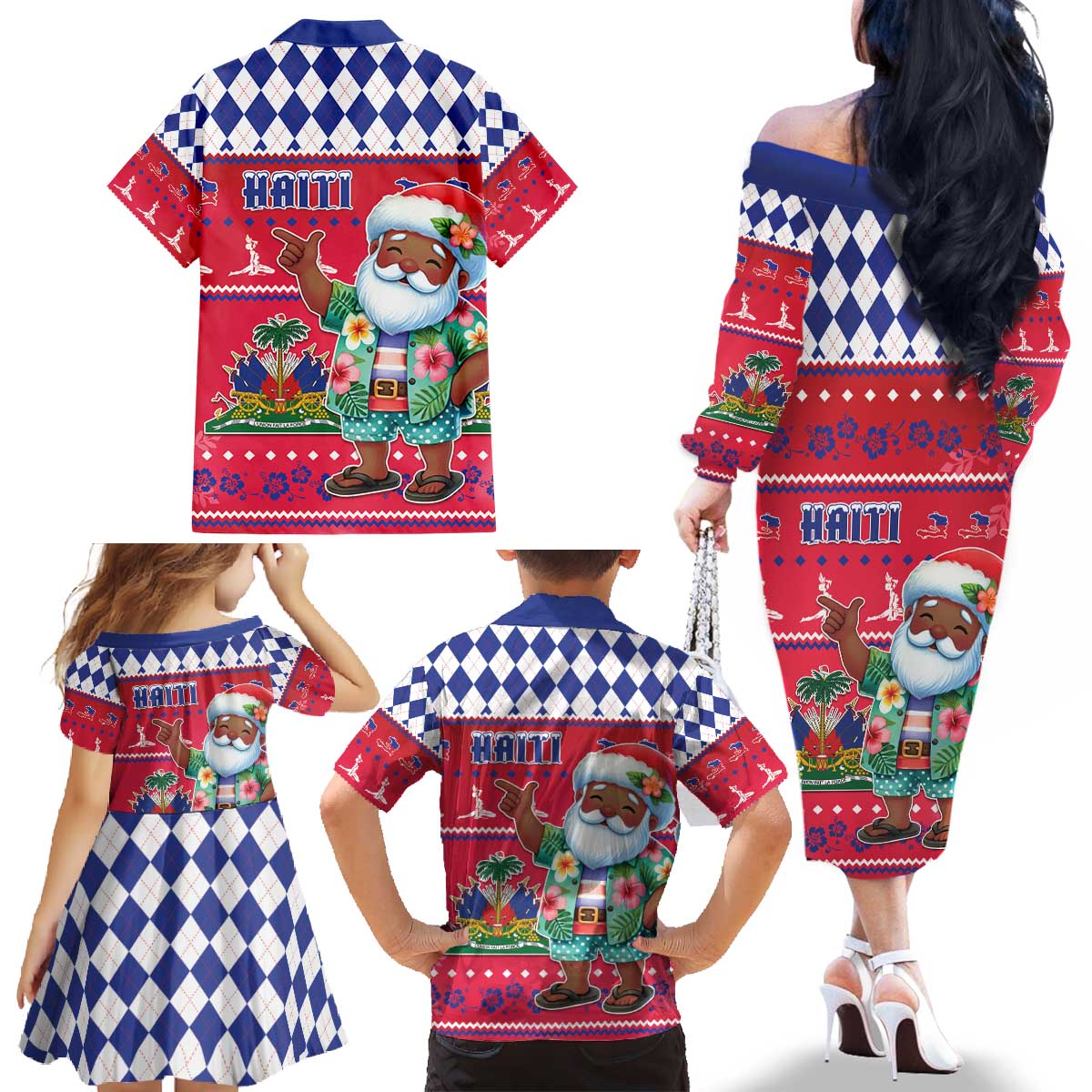 Haiti Christmas Family Matching Off The Shoulder Long Sleeve Dress and Hawaiian Shirt Haitian Santa Jwaye Nwel - Wonder Print Shop