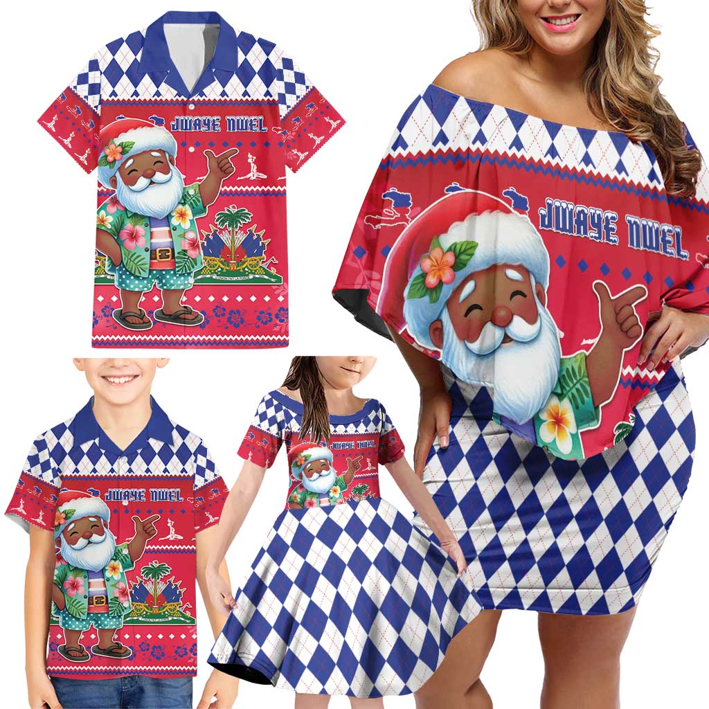 Haiti Christmas Family Matching Off Shoulder Short Dress and Hawaiian Shirt Haitian Santa Jwaye Nwel - Wonder Print Shop