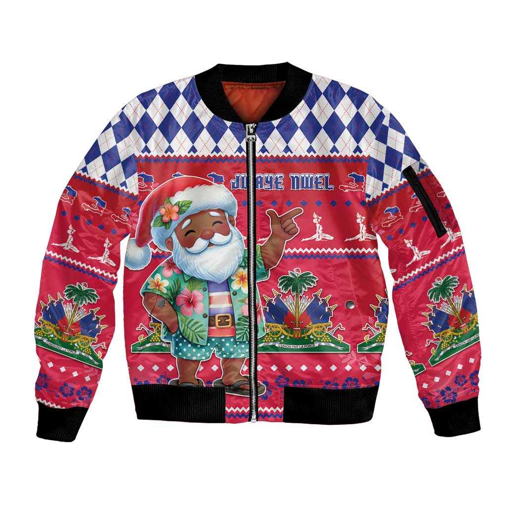 Haiti Christmas Sleeve Zip Bomber Jacket Haitian Santa Jwaye Nwel - Wonder Print Shop