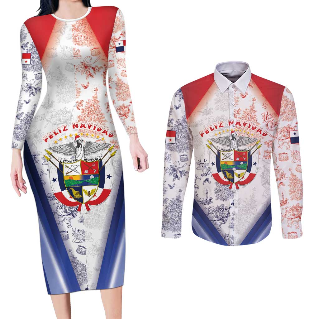 Panama Christmas Couples Matching Long Sleeve Bodycon Dress and Long Sleeve Button Shirt Coat Of Arms Santa Harpy - Wonder Print Shop