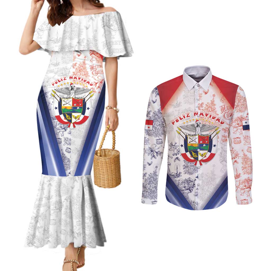 Panama Christmas Couples Matching Mermaid Dress and Long Sleeve Button Shirt Coat Of Arms Santa Harpy - Wonder Print Shop