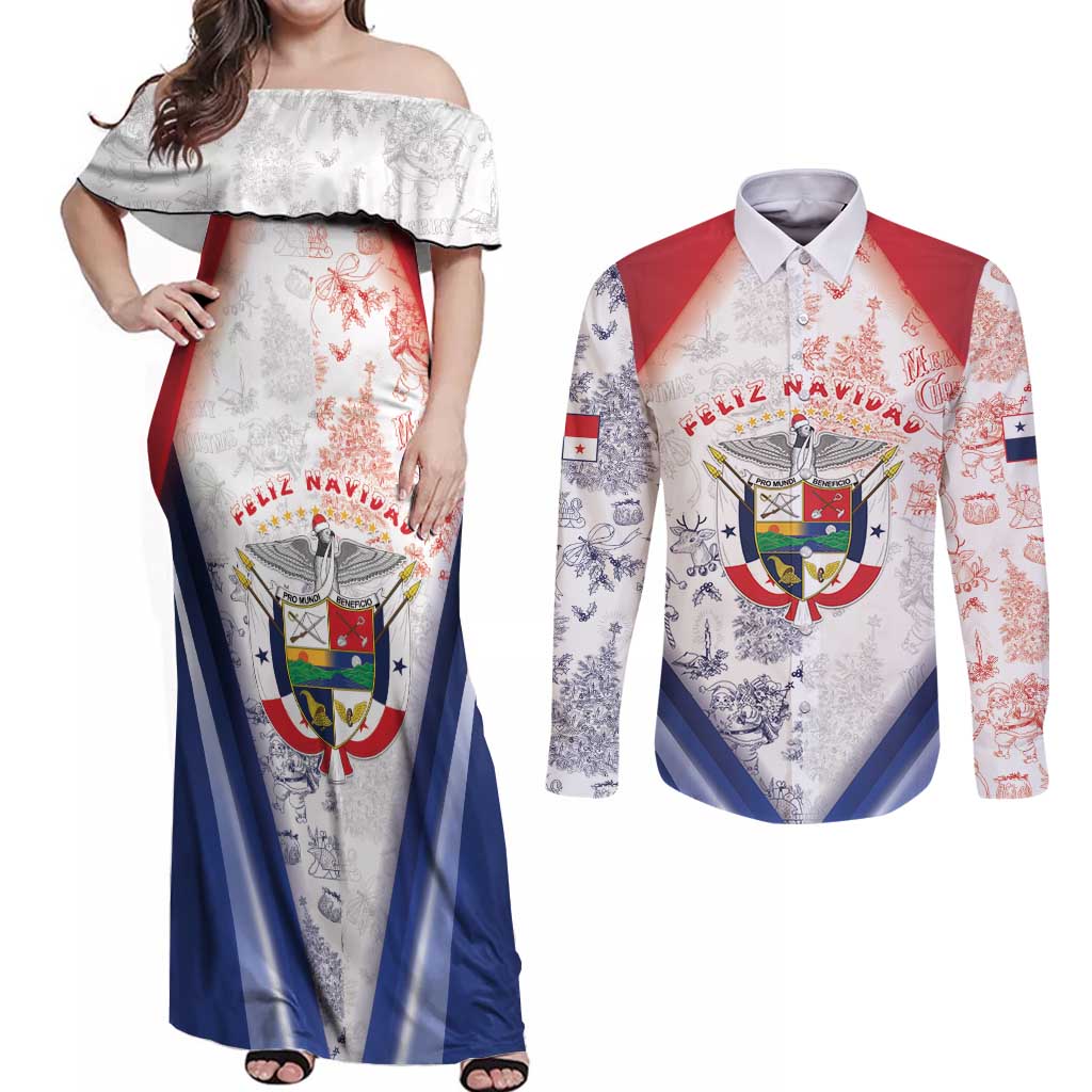 Panama Christmas Couples Matching Off Shoulder Maxi Dress and Long Sleeve Button Shirt Coat Of Arms Santa Harpy - Wonder Print Shop