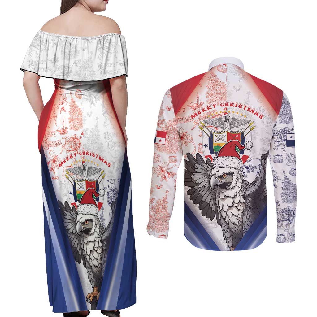 Panama Christmas Couples Matching Off Shoulder Maxi Dress and Long Sleeve Button Shirt Coat Of Arms Santa Harpy - Wonder Print Shop