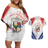 Panama Christmas Couples Matching Off Shoulder Short Dress and Hawaiian Shirt Coat Of Arms Santa Harpy - Wonder Print Shop