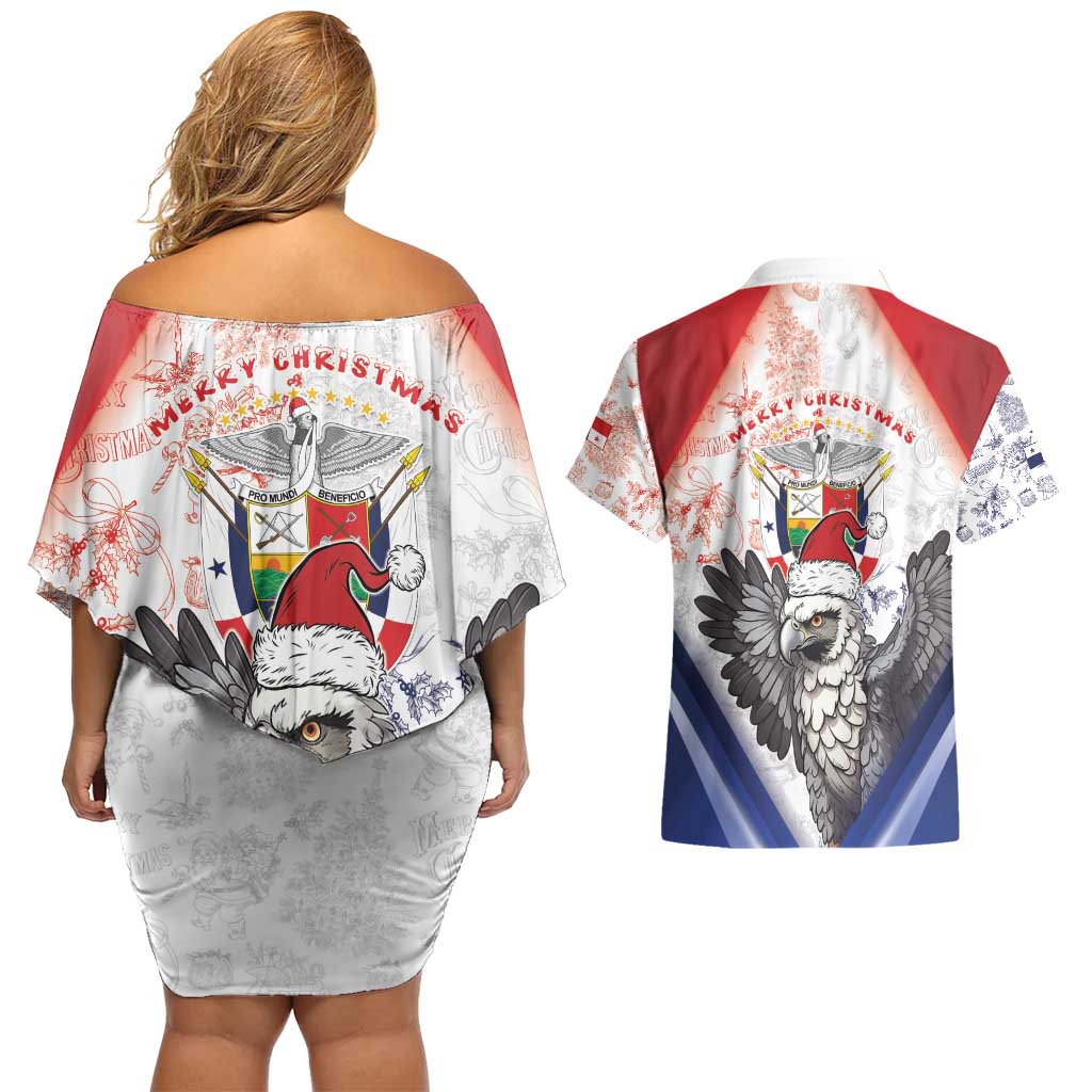 Panama Christmas Couples Matching Off Shoulder Short Dress and Hawaiian Shirt Coat Of Arms Santa Harpy - Wonder Print Shop