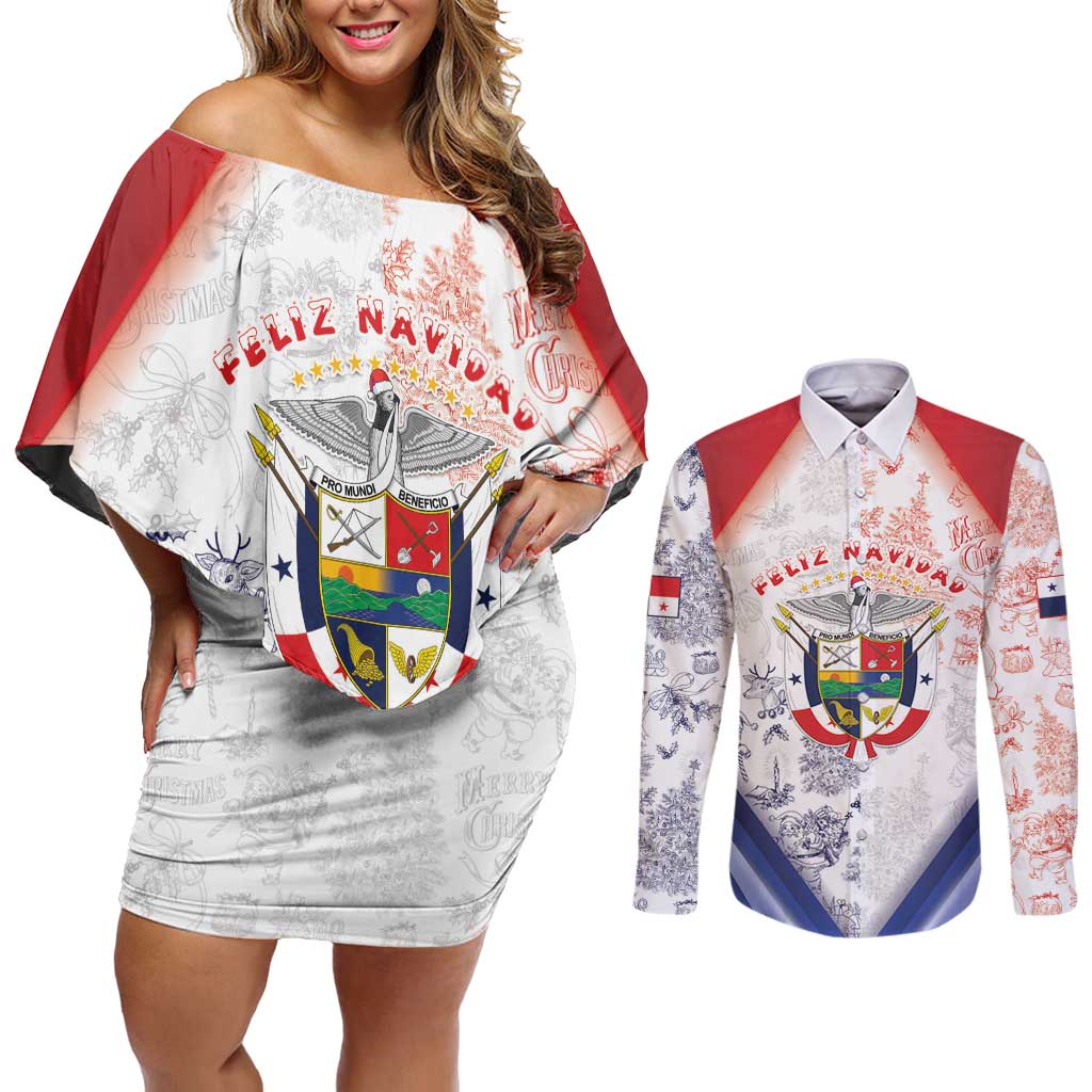 Panama Christmas Couples Matching Off Shoulder Short Dress and Long Sleeve Button Shirt Coat Of Arms Santa Harpy - Wonder Print Shop