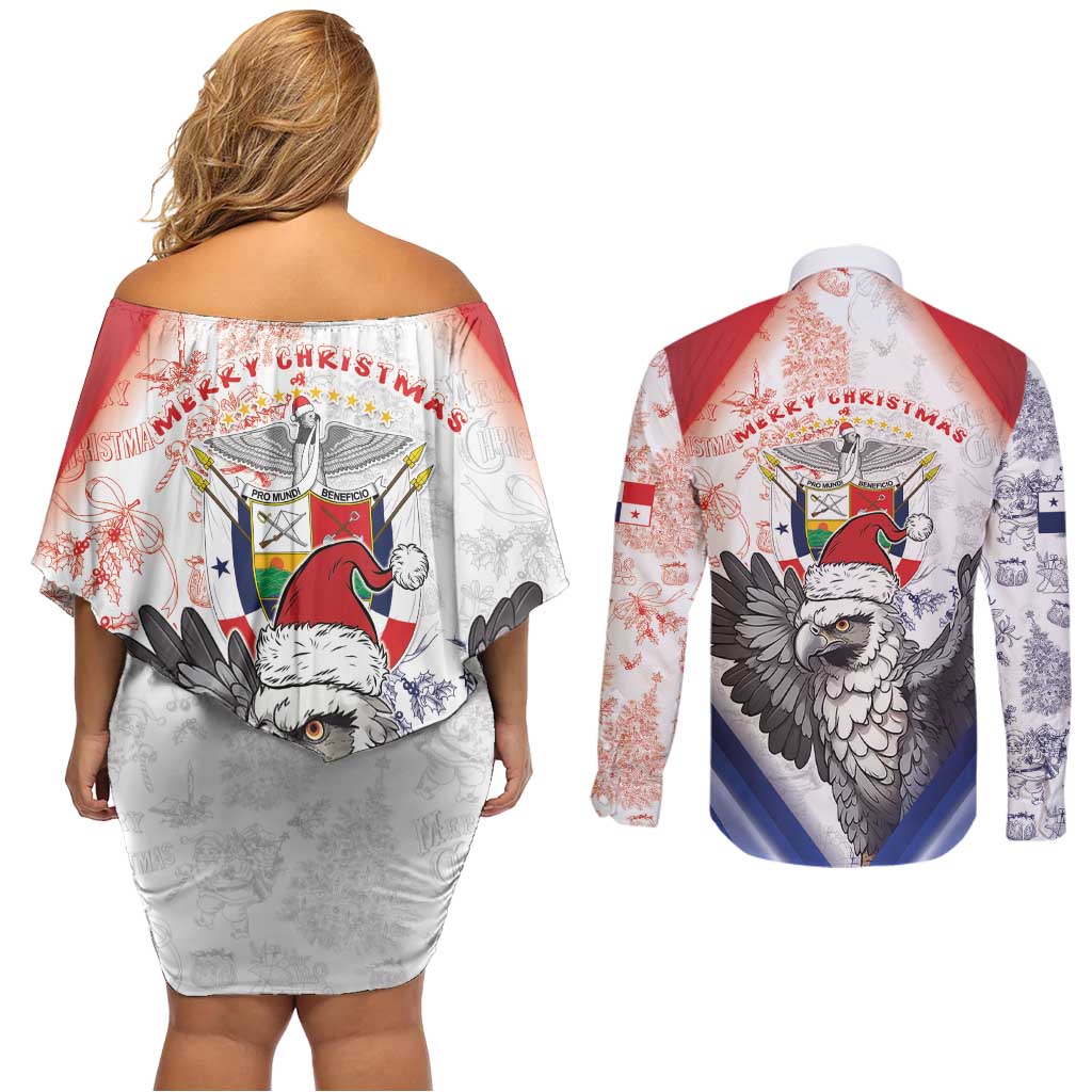 Panama Christmas Couples Matching Off Shoulder Short Dress and Long Sleeve Button Shirt Coat Of Arms Santa Harpy - Wonder Print Shop