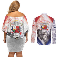 Panama Christmas Couples Matching Off Shoulder Short Dress and Long Sleeve Button Shirt Coat Of Arms Santa Harpy - Wonder Print Shop