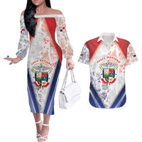 Panama Christmas Couples Matching Off The Shoulder Long Sleeve Dress and Hawaiian Shirt Coat Of Arms Santa Harpy - Wonder Print Shop