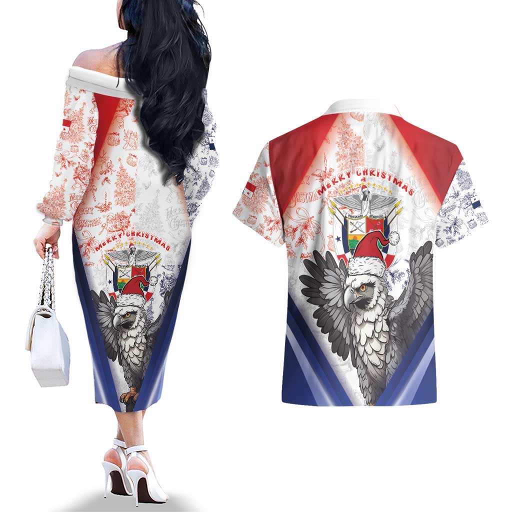 Panama Christmas Couples Matching Off The Shoulder Long Sleeve Dress and Hawaiian Shirt Coat Of Arms Santa Harpy - Wonder Print Shop