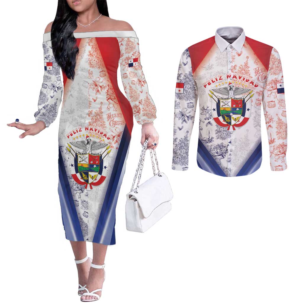 Panama Christmas Couples Matching Off The Shoulder Long Sleeve Dress and Long Sleeve Button Shirt Coat Of Arms Santa Harpy - Wonder Print Shop