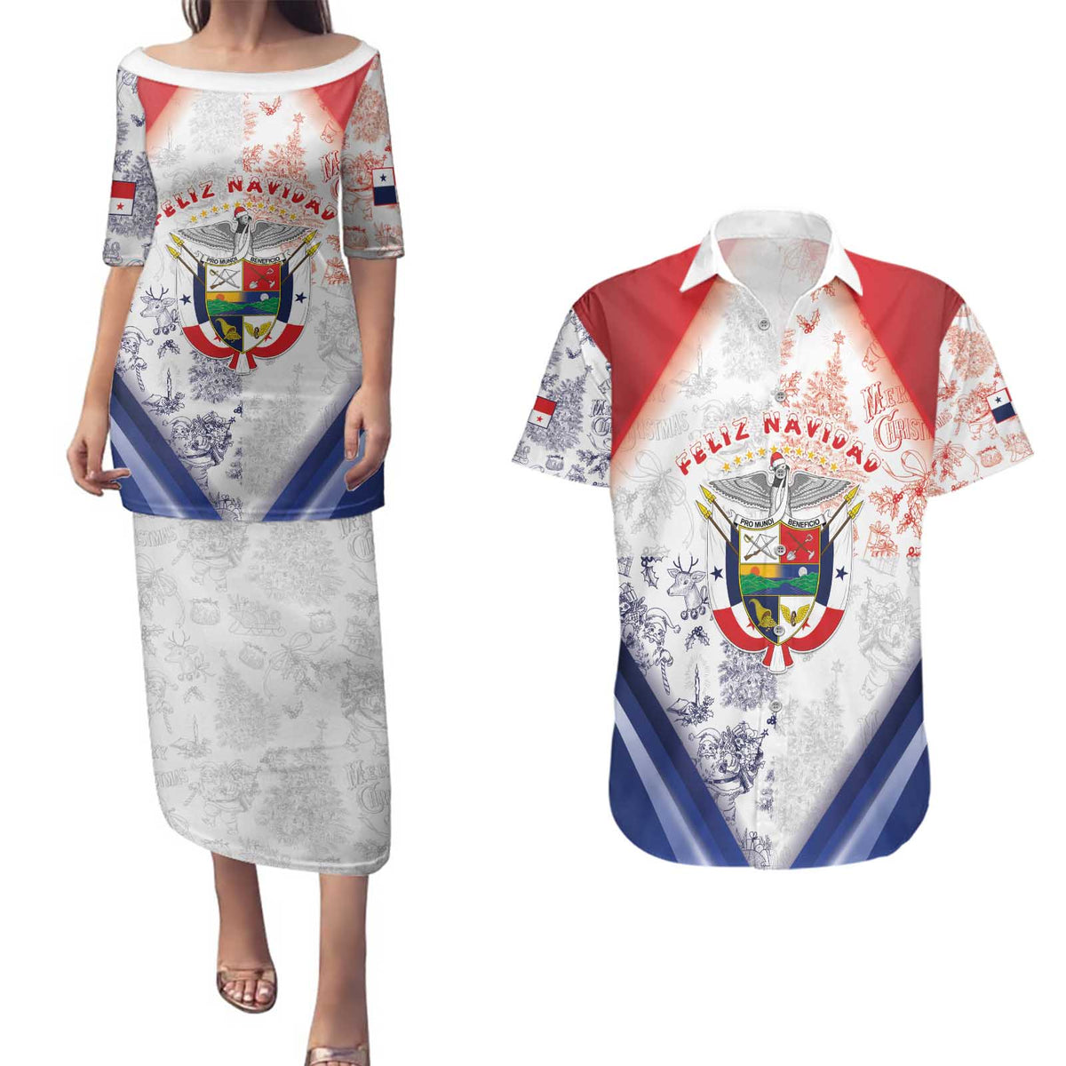 Panama Christmas Couples Matching Puletasi and Hawaiian Shirt Coat Of Arms Santa Harpy - Wonder Print Shop