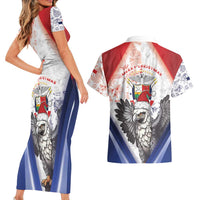 Panama Christmas Couples Matching Short Sleeve Bodycon Dress and Hawaiian Shirt Coat Of Arms Santa Harpy - Wonder Print Shop