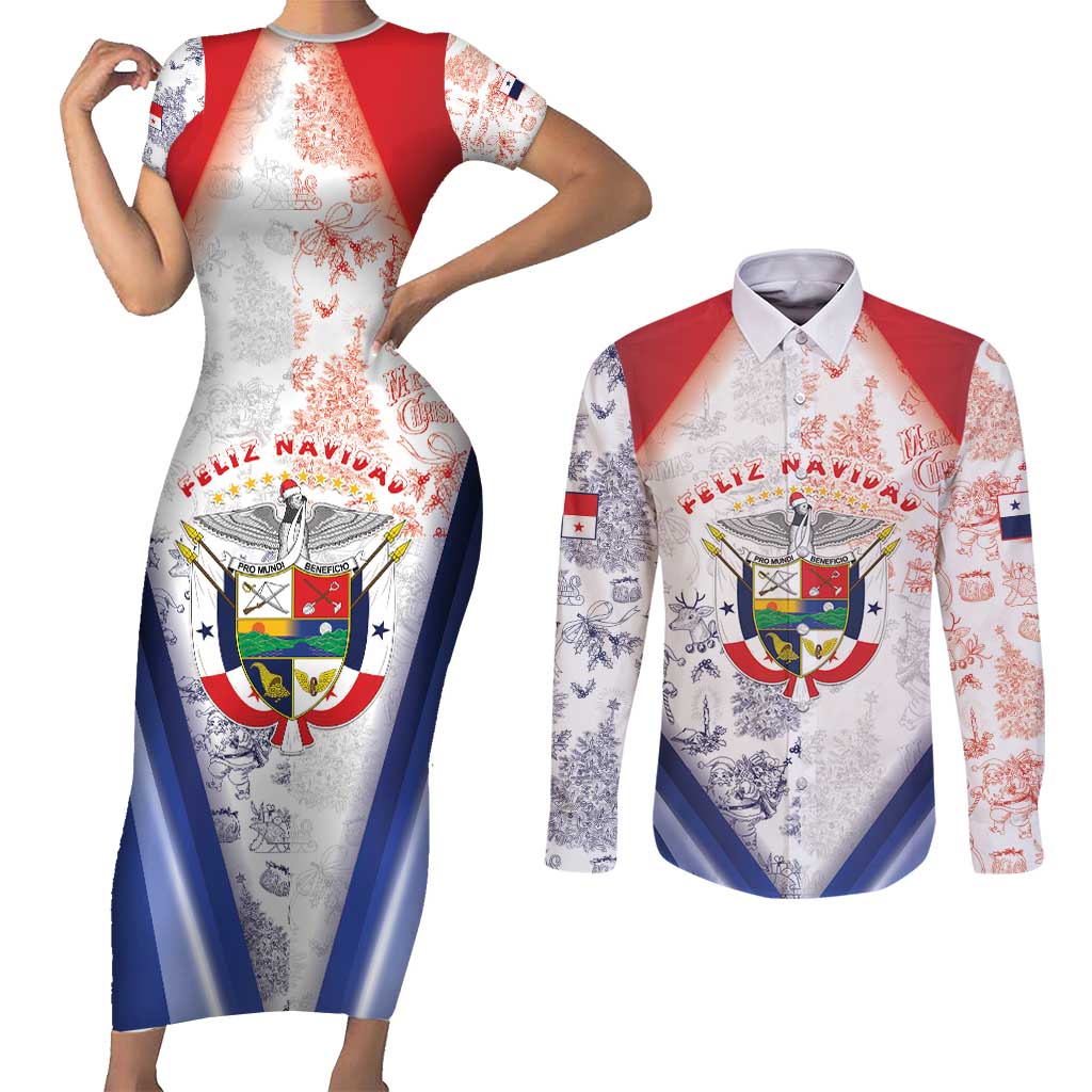Panama Christmas Couples Matching Short Sleeve Bodycon Dress and Long Sleeve Button Shirt Coat Of Arms Santa Harpy - Wonder Print Shop