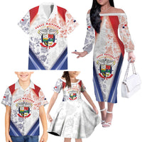 Panama Christmas Family Matching Off The Shoulder Long Sleeve Dress and Hawaiian Shirt Coat Of Arms Santa Harpy - Wonder Print Shop