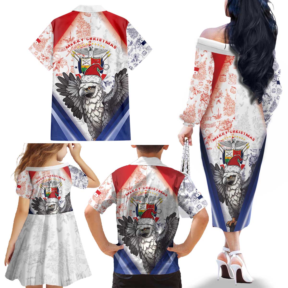 Panama Christmas Family Matching Off The Shoulder Long Sleeve Dress and Hawaiian Shirt Coat Of Arms Santa Harpy - Wonder Print Shop