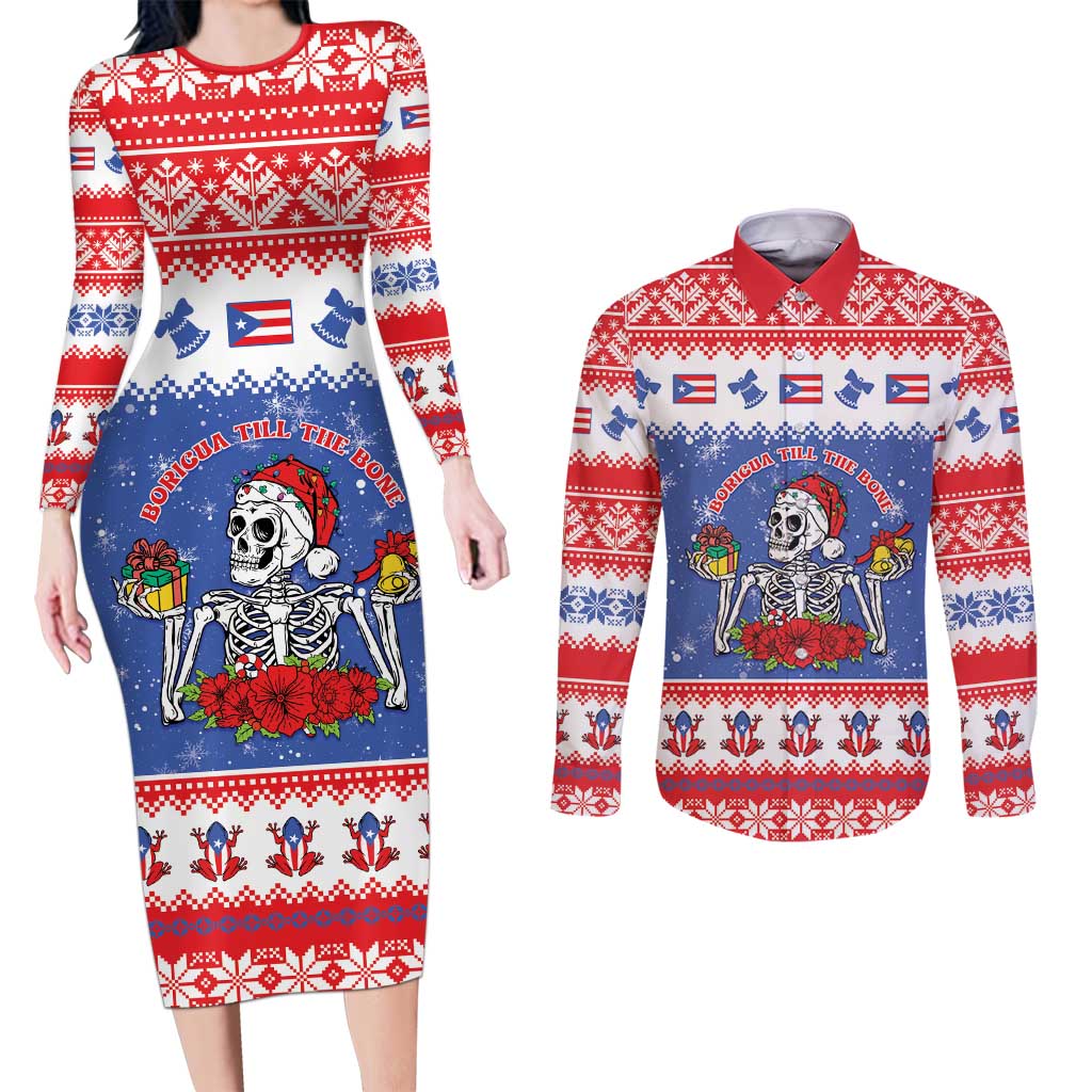 Puerto Rico Christmas Couples Matching Long Sleeve Bodycon Dress and Long Sleeve Button Shirt Boricua Till The Bone - Wonder Print Shop