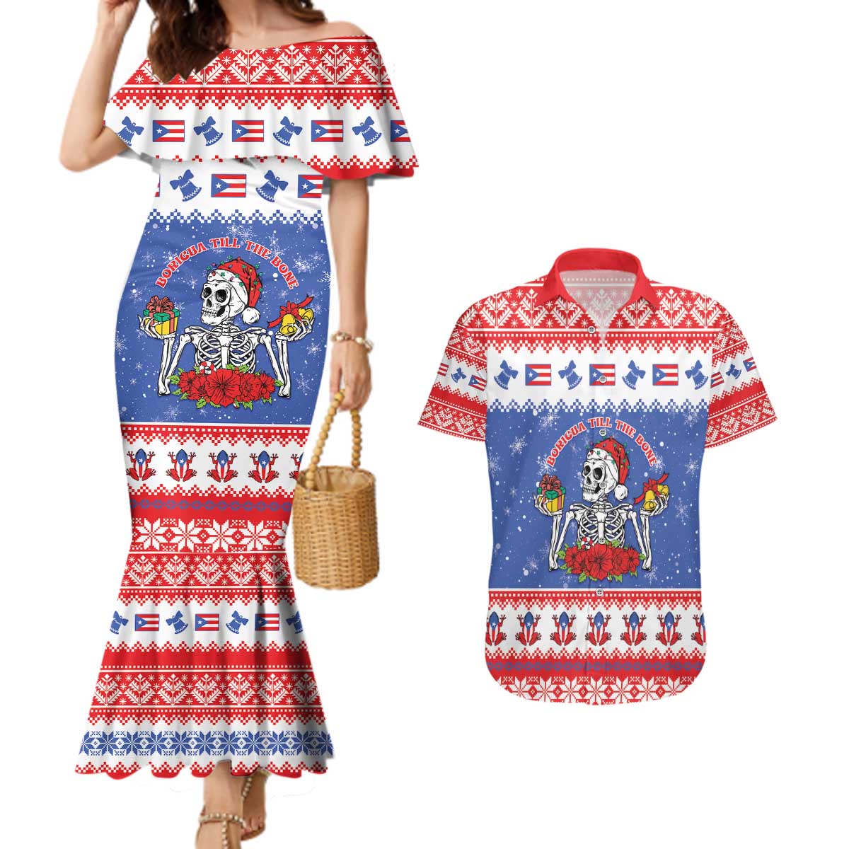 Puerto Rico Christmas Couples Matching Mermaid Dress and Hawaiian Shirt Boricua Till The Bone - Wonder Print Shop