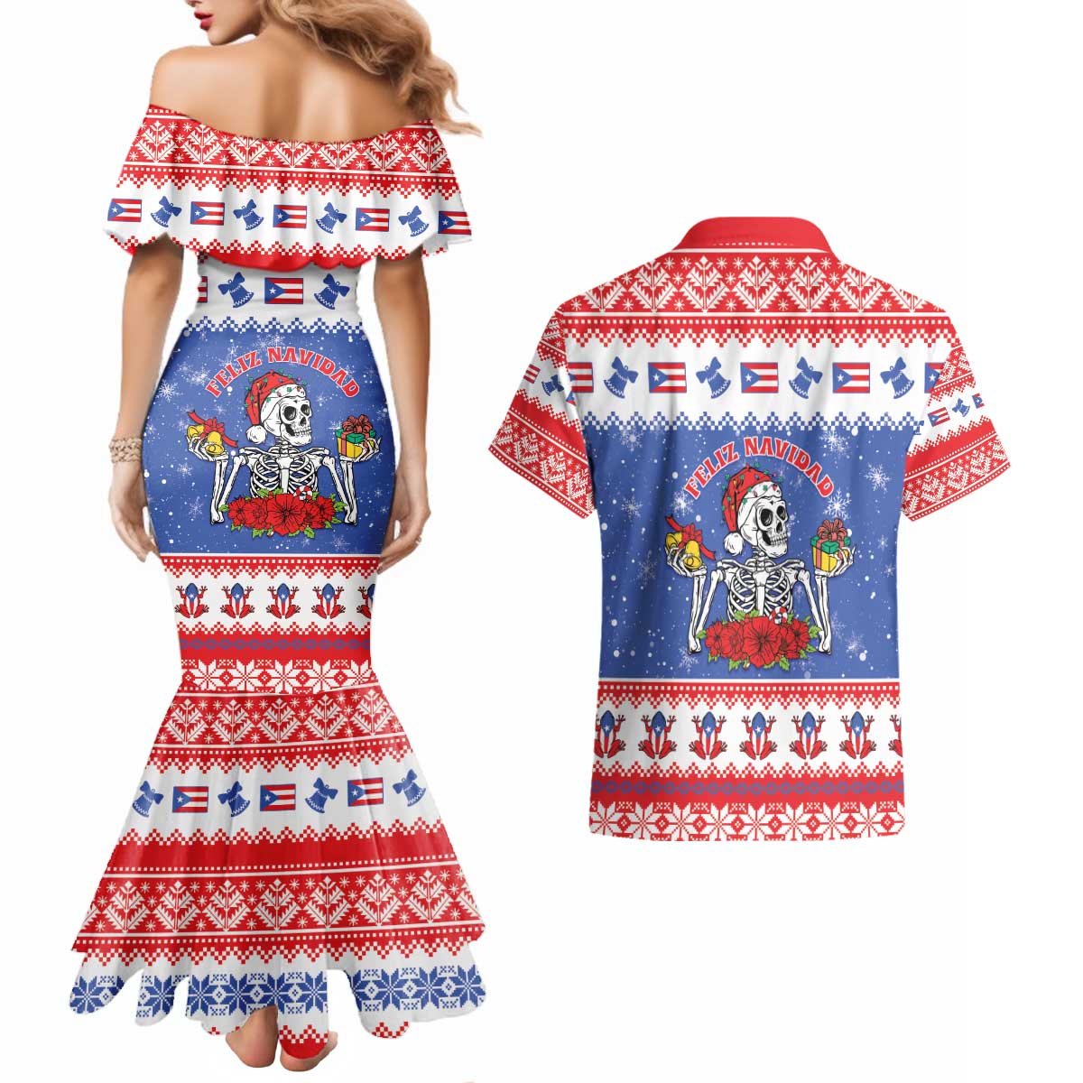 Puerto Rico Christmas Couples Matching Mermaid Dress and Hawaiian Shirt Boricua Till The Bone - Wonder Print Shop