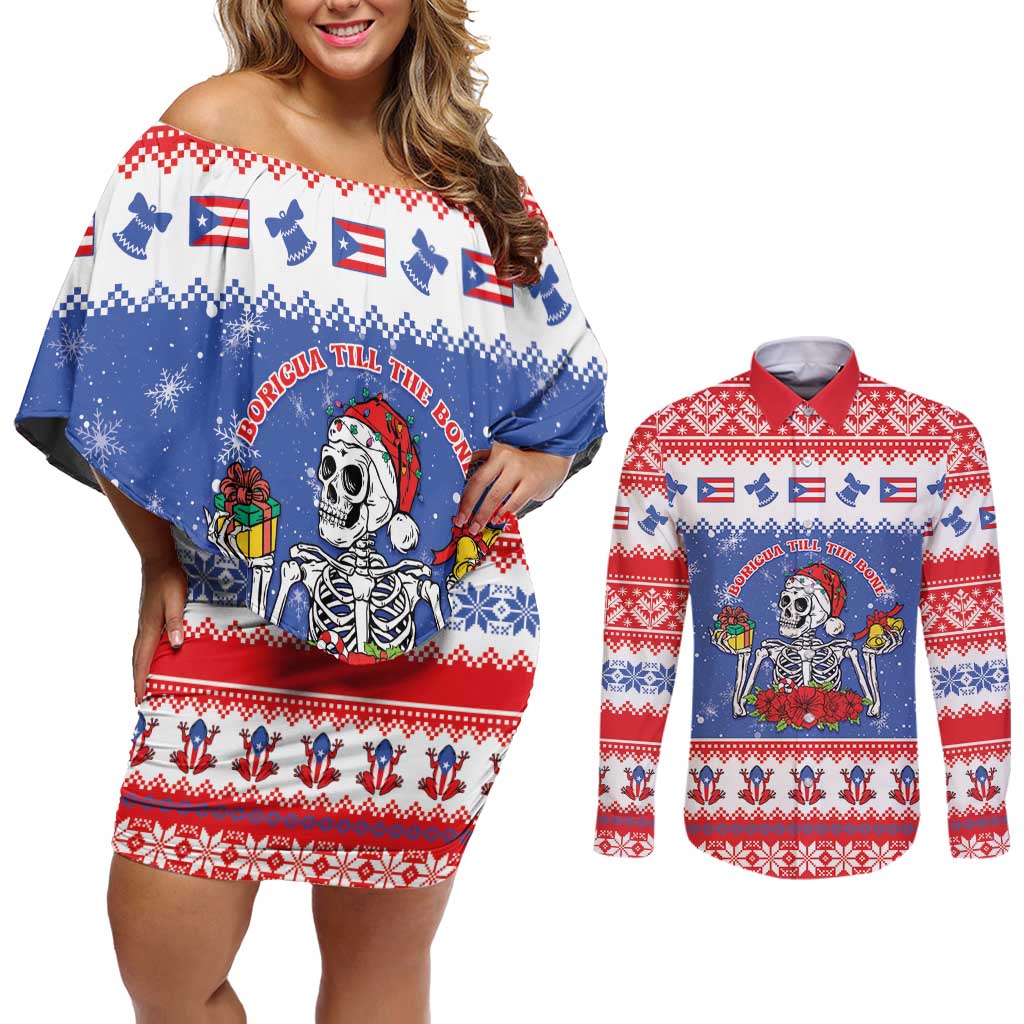 Puerto Rico Christmas Couples Matching Off Shoulder Short Dress and Long Sleeve Button Shirt Boricua Till The Bone - Wonder Print Shop