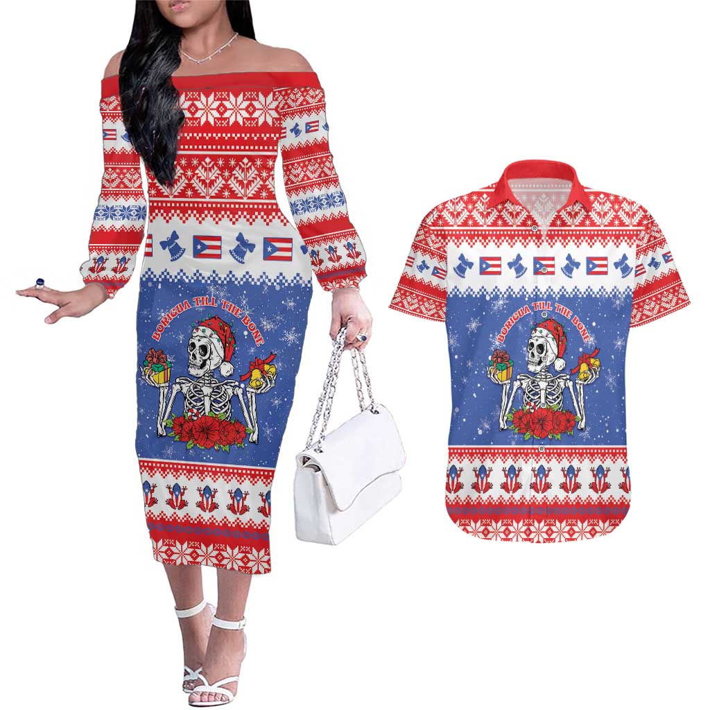 Puerto Rico Christmas Couples Matching Off The Shoulder Long Sleeve Dress and Hawaiian Shirt Boricua Till The Bone - Wonder Print Shop