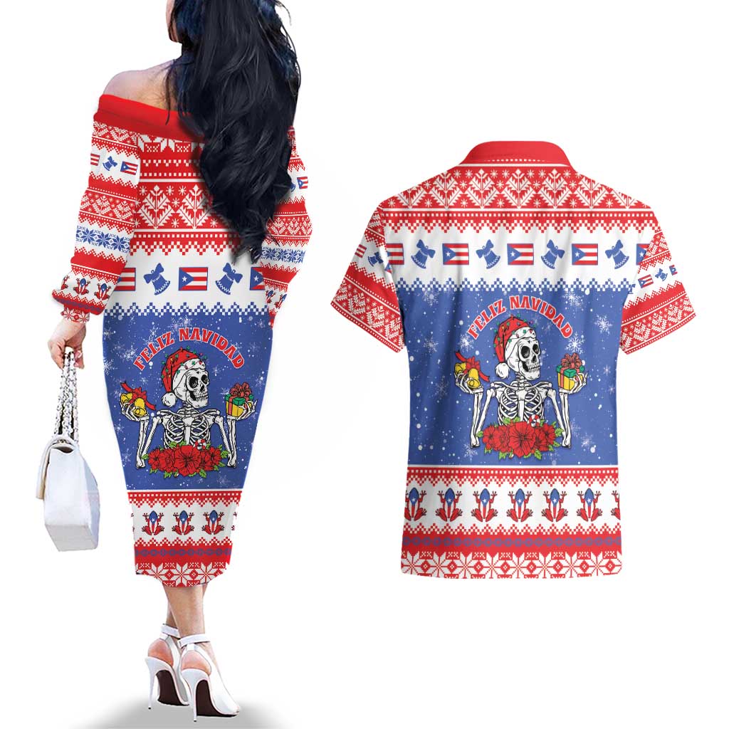Puerto Rico Christmas Couples Matching Off The Shoulder Long Sleeve Dress and Hawaiian Shirt Boricua Till The Bone - Wonder Print Shop