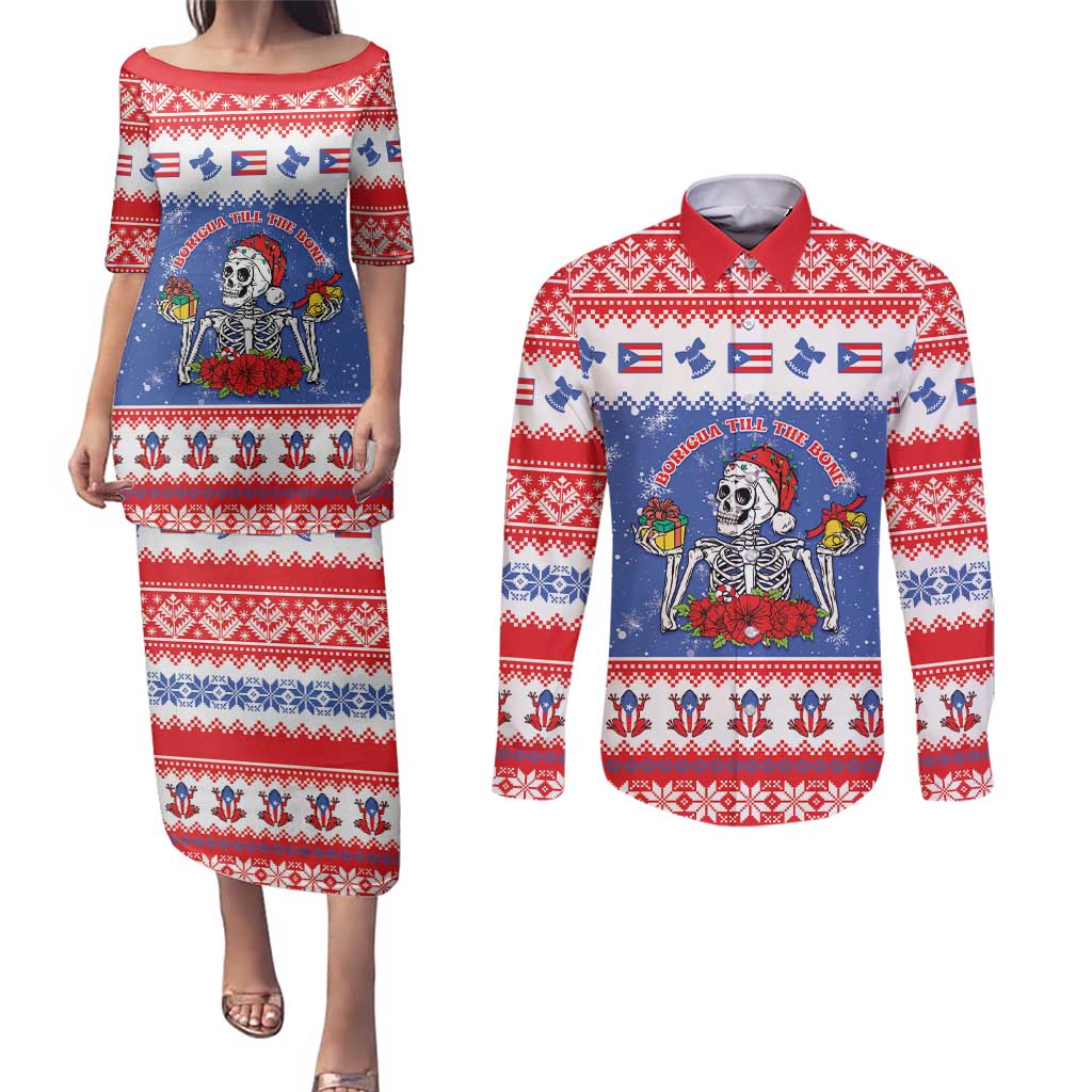 Puerto Rico Christmas Couples Matching Puletasi and Long Sleeve Button Shirt Boricua Till The Bone - Wonder Print Shop