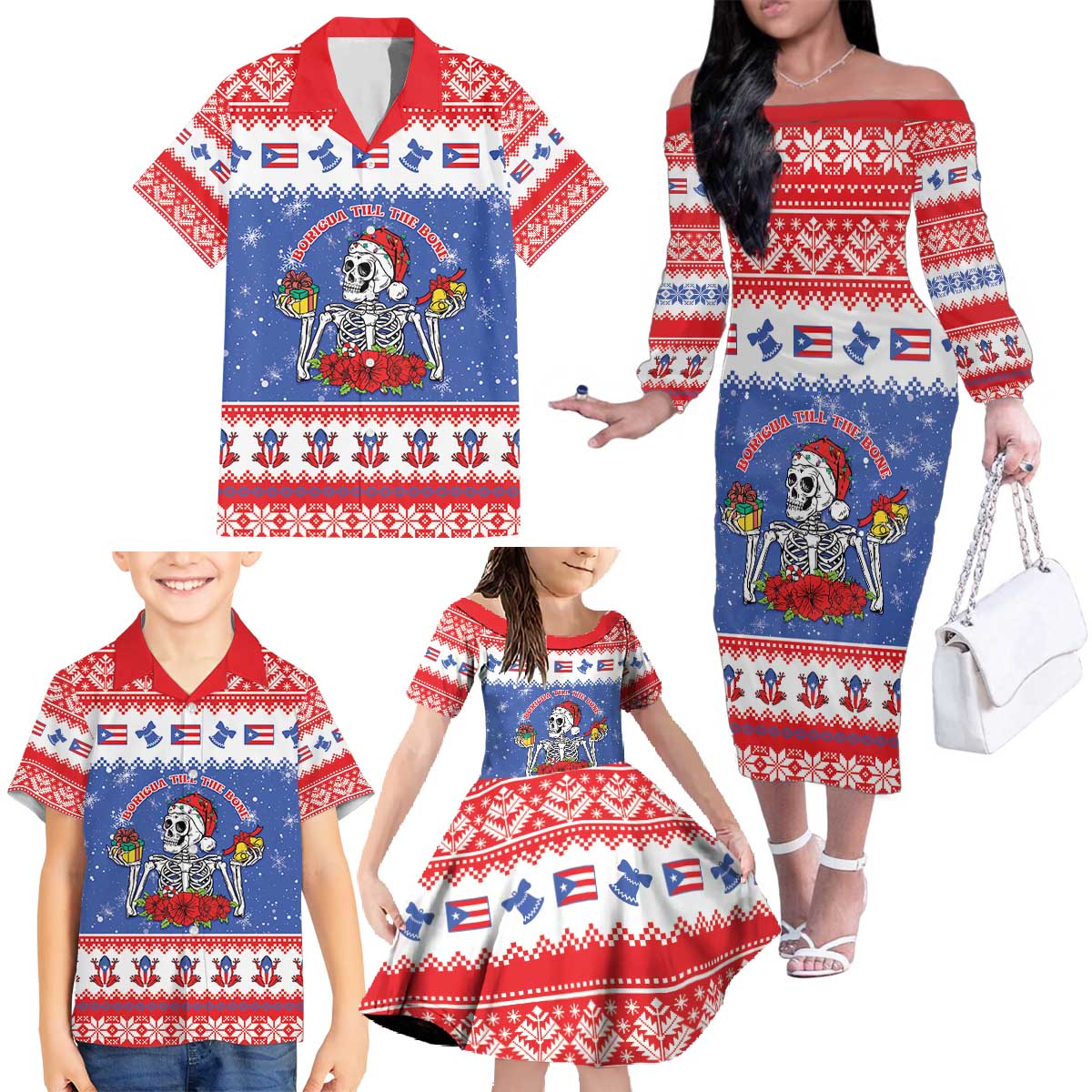 Puerto Rico Christmas Family Matching Off The Shoulder Long Sleeve Dress and Hawaiian Shirt Boricua Till The Bone - Wonder Print Shop
