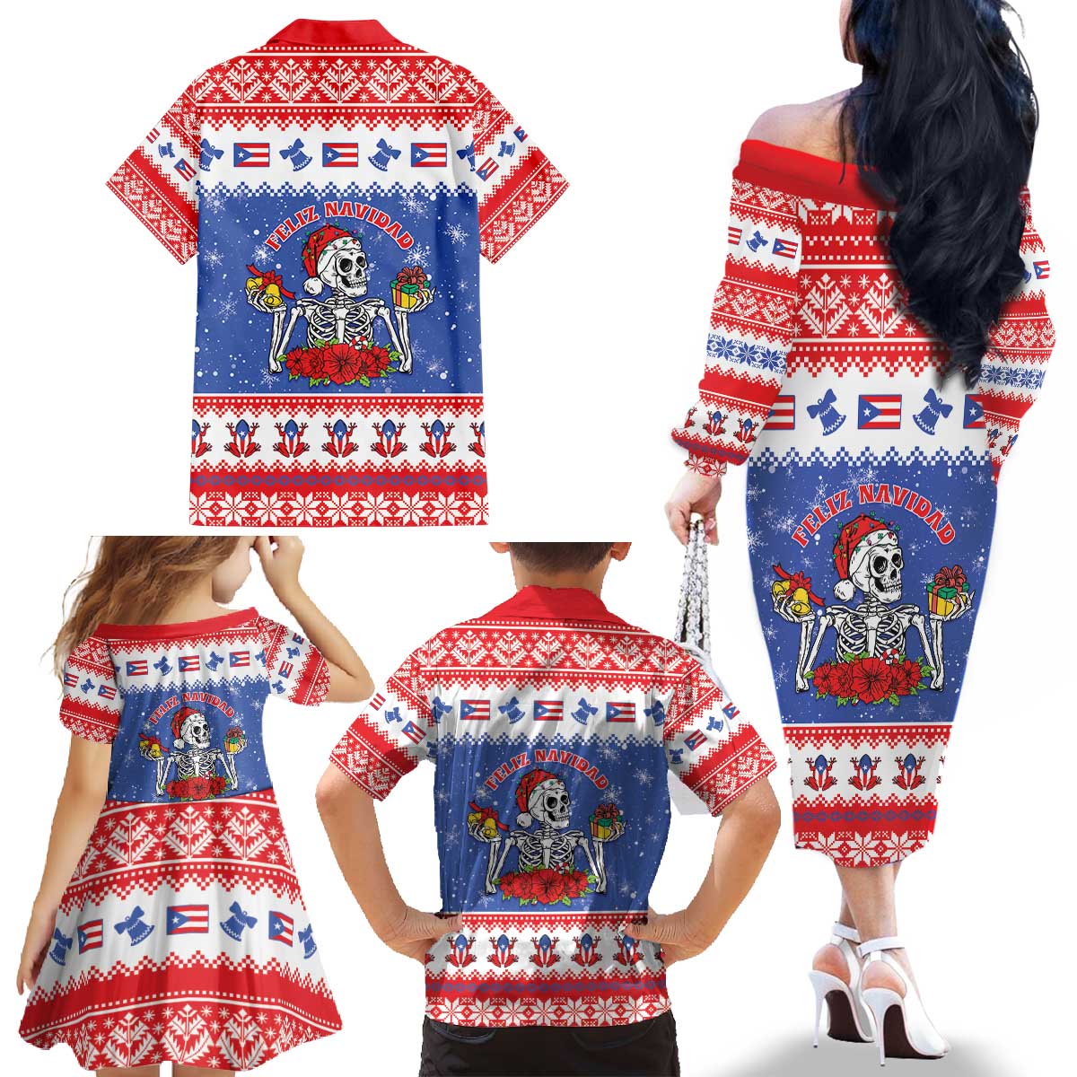 Puerto Rico Christmas Family Matching Off The Shoulder Long Sleeve Dress and Hawaiian Shirt Boricua Till The Bone - Wonder Print Shop