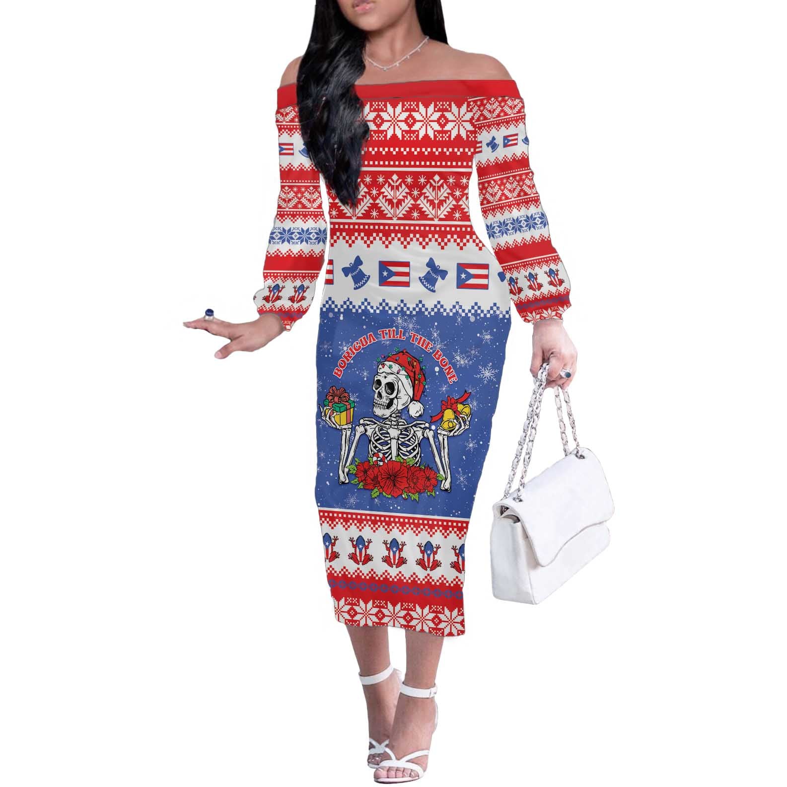 Puerto Rico Christmas Off The Shoulder Long Sleeve Dress Boricua Till The Bone - Wonder Print Shop