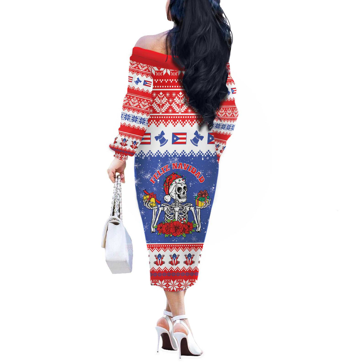 Puerto Rico Christmas Off The Shoulder Long Sleeve Dress Boricua Till The Bone - Wonder Print Shop