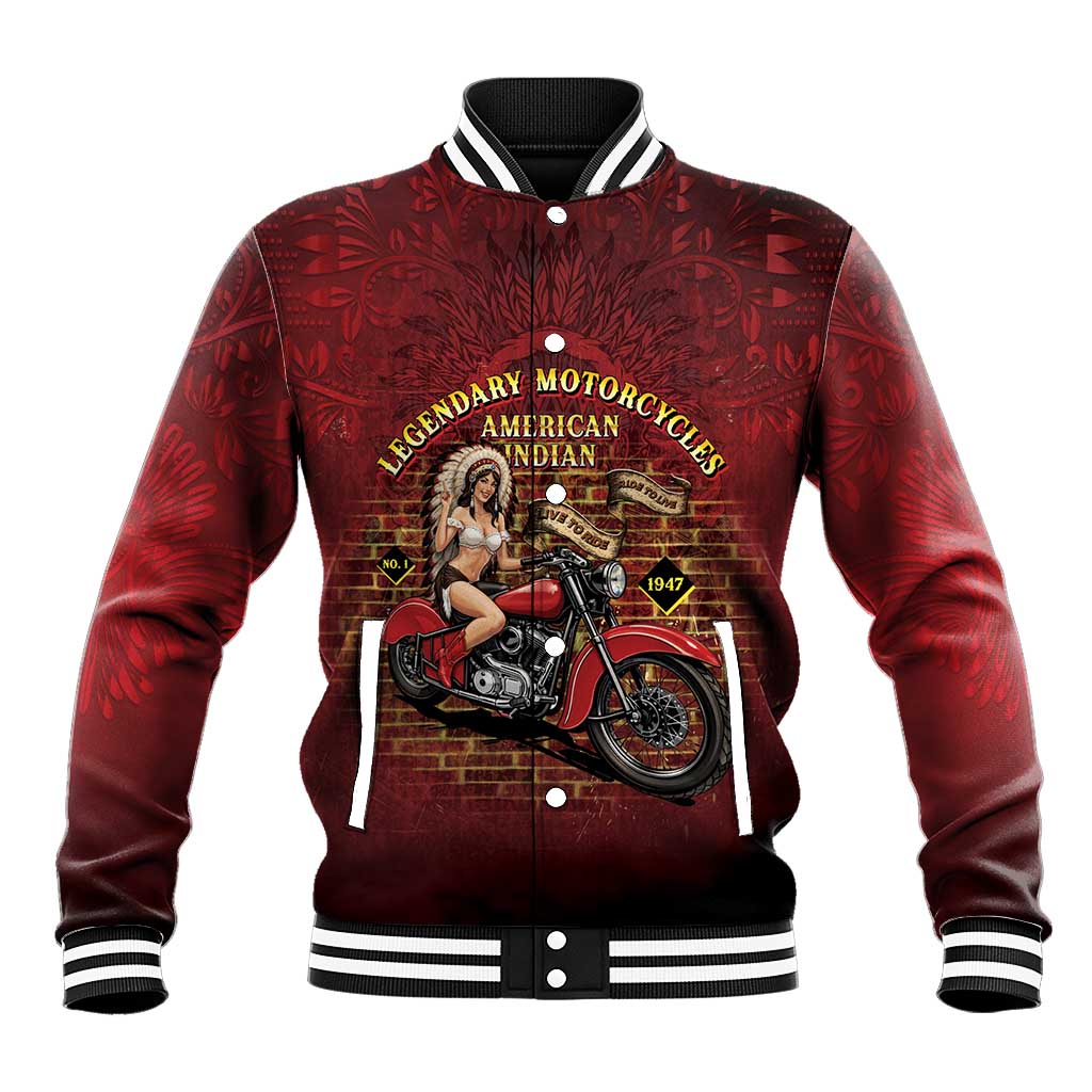 Native American Rider Baseball Jacket Legendary Motorcycle Vintage Pin Up Girl - Wonder Print Shop