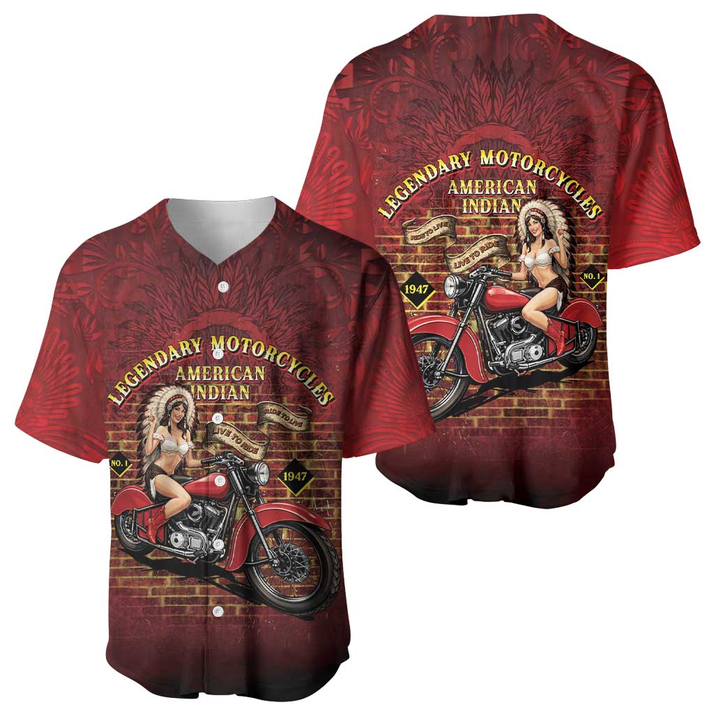 Native American Rider Baseball Jersey Legendary Motorcycle Vintage Pin Up Girl - Wonder Print Shop