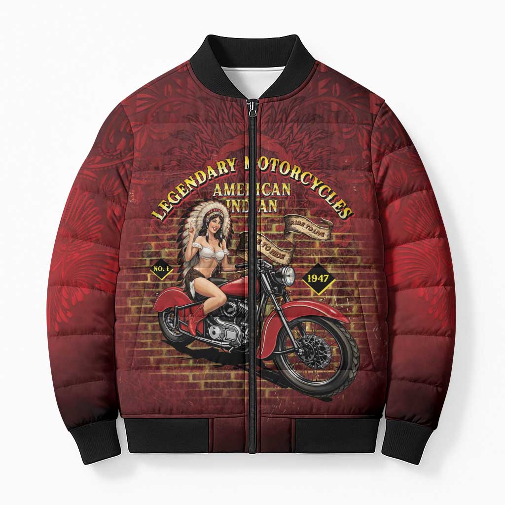 Native American Rider Bomber Puffer Jacket Legendary Motorcycle Vintage Pin Up Girl - Wonder Print Shop