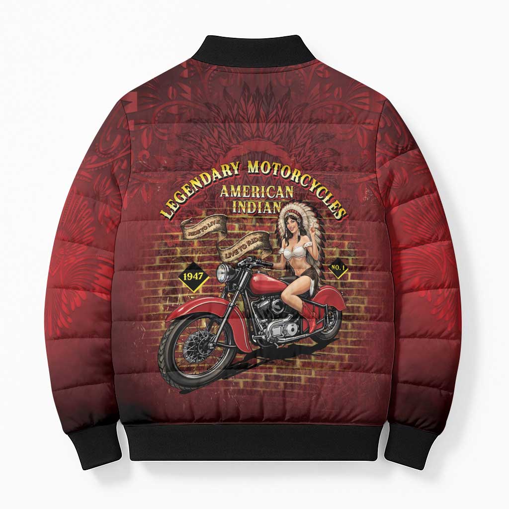 Native American Rider Bomber Puffer Jacket Legendary Motorcycle Vintage Pin Up Girl - Wonder Print Shop