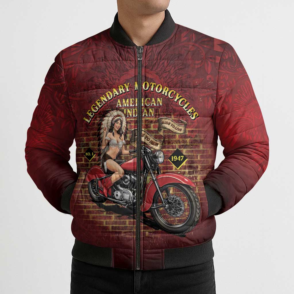 Native American Rider Bomber Puffer Jacket Legendary Motorcycle Vintage Pin Up Girl - Wonder Print Shop