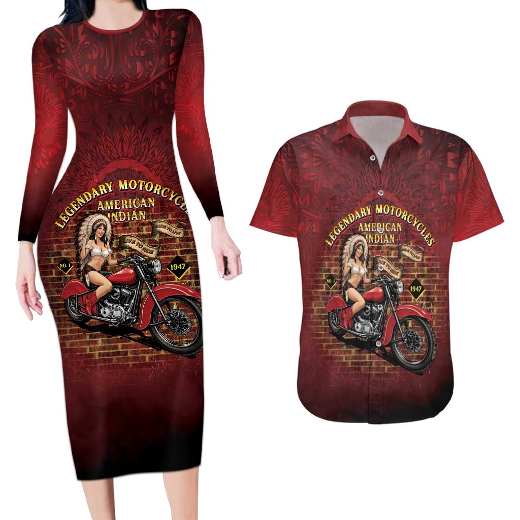 Native American Rider Couples Matching Long Sleeve Bodycon Dress and Hawaiian Shirt Legendary Motorcycle Vintage Pin Up Girl - Wonder Print Shop