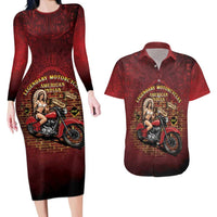 Native American Rider Couples Matching Long Sleeve Bodycon Dress and Hawaiian Shirt Legendary Motorcycle Vintage Pin Up Girl - Wonder Print Shop