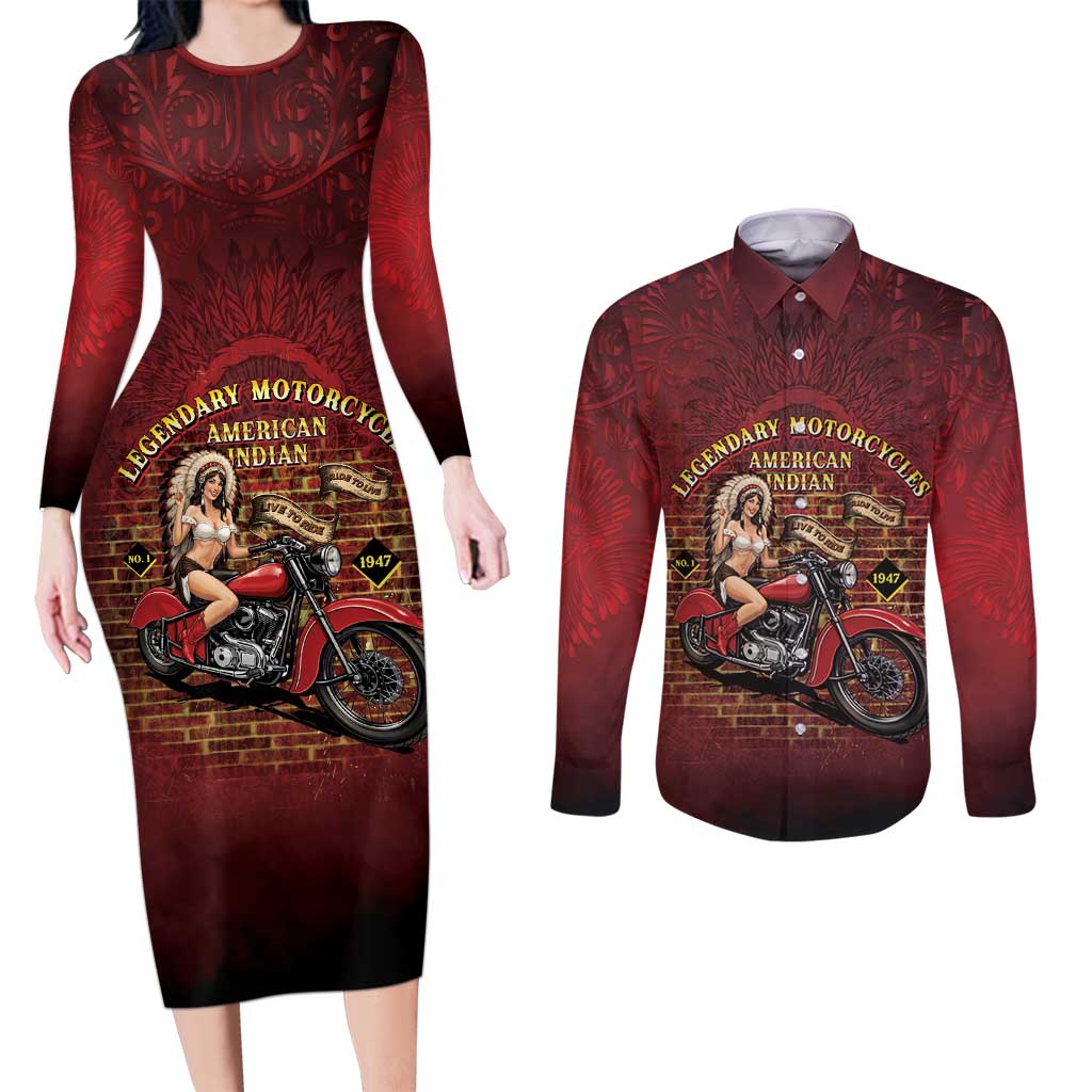 Native American Rider Couples Matching Long Sleeve Bodycon Dress and Long Sleeve Button Shirt Legendary Motorcycle Vintage Pin Up Girl - Wonder Print Shop