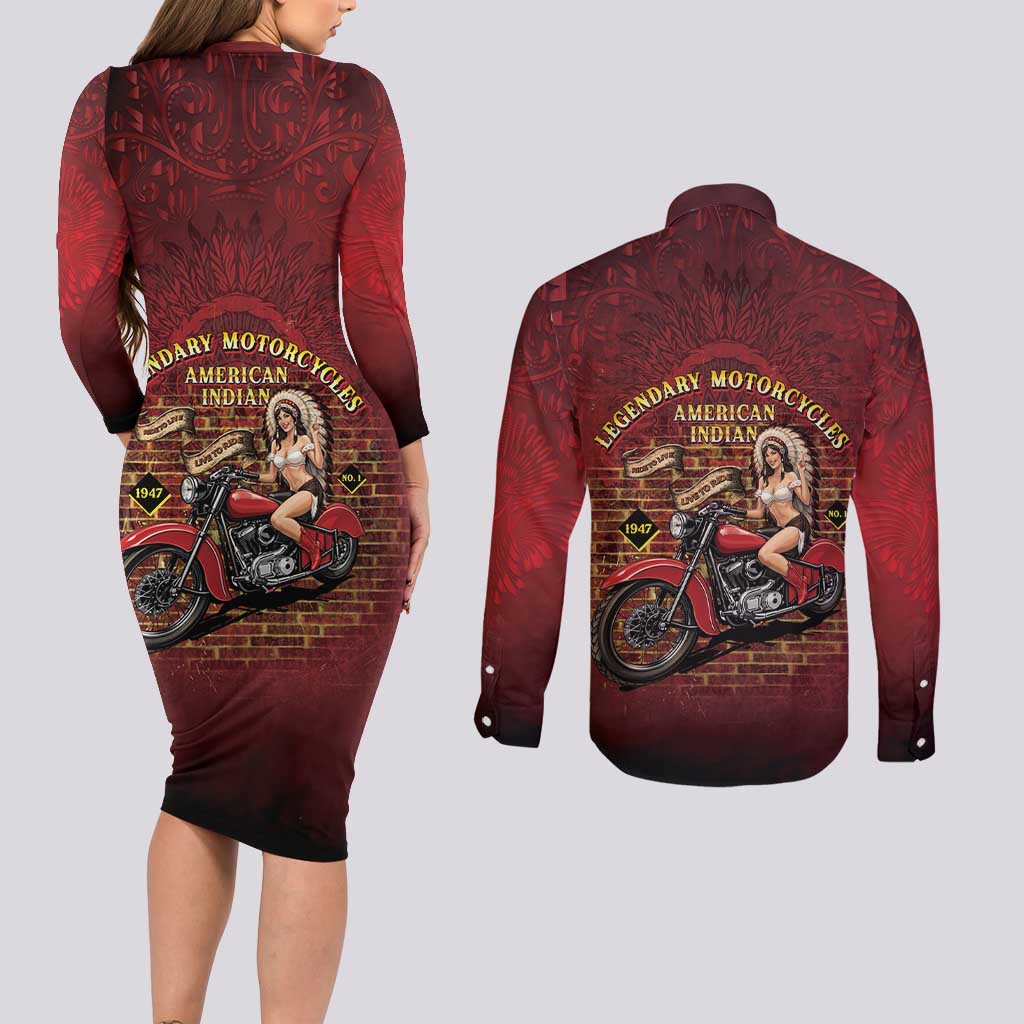 Native American Rider Couples Matching Long Sleeve Bodycon Dress and Long Sleeve Button Shirt Legendary Motorcycle Vintage Pin Up Girl - Wonder Print Shop