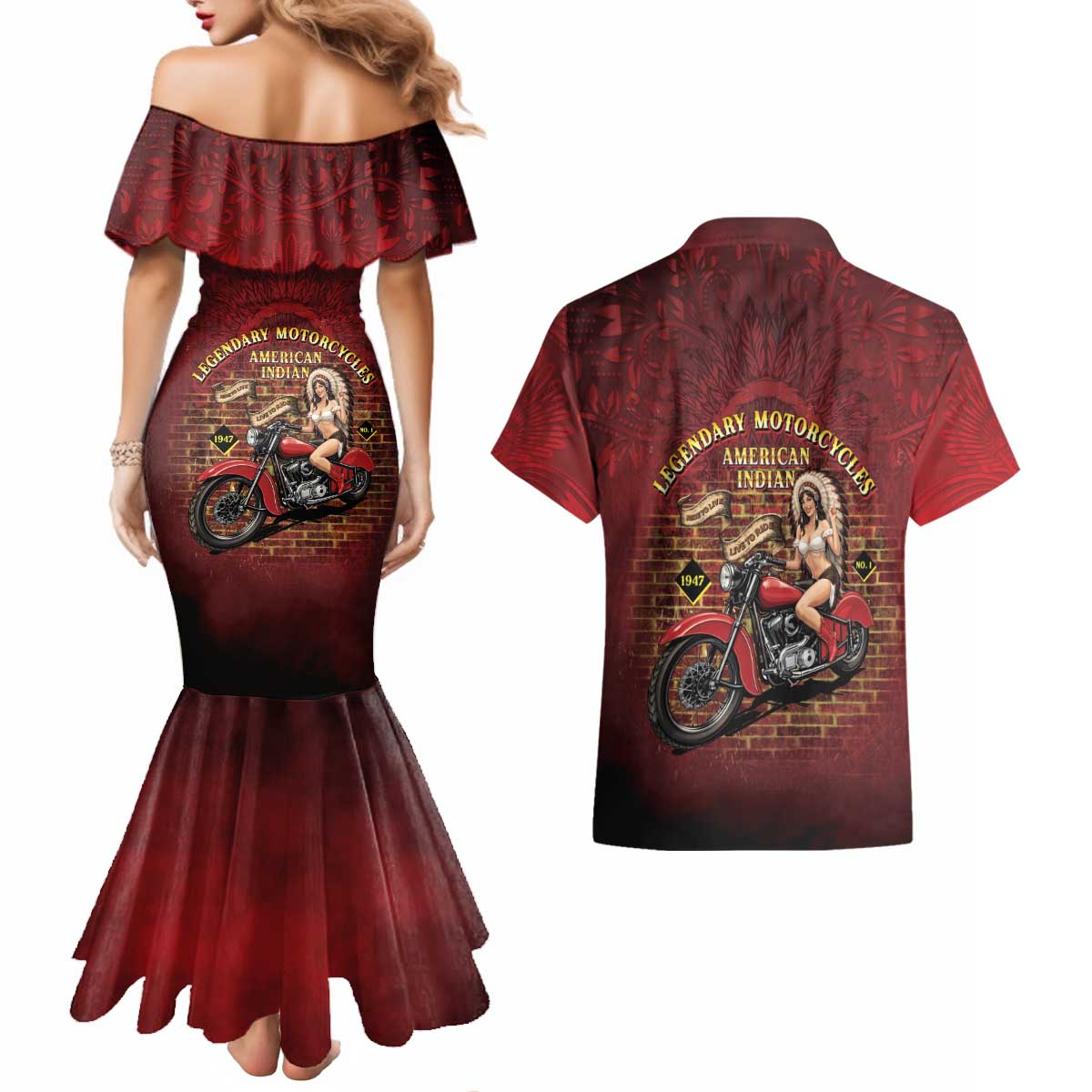 Native American Rider Couples Matching Mermaid Dress and Hawaiian Shirt Legendary Motorcycle Vintage Pin Up Girl - Wonder Print Shop