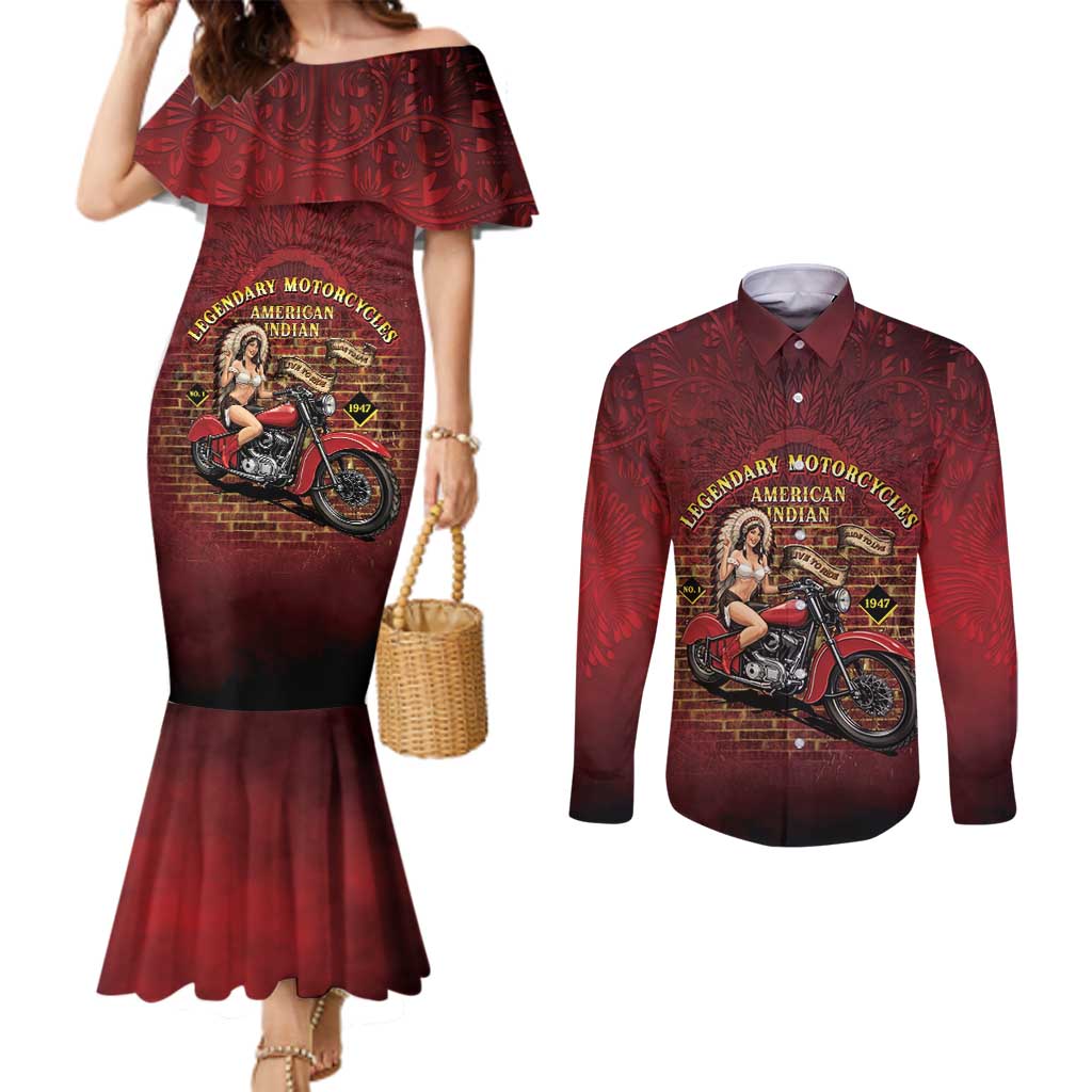 Native American Rider Couples Matching Mermaid Dress and Long Sleeve Button Shirt Legendary Motorcycle Vintage Pin Up Girl - Wonder Print Shop