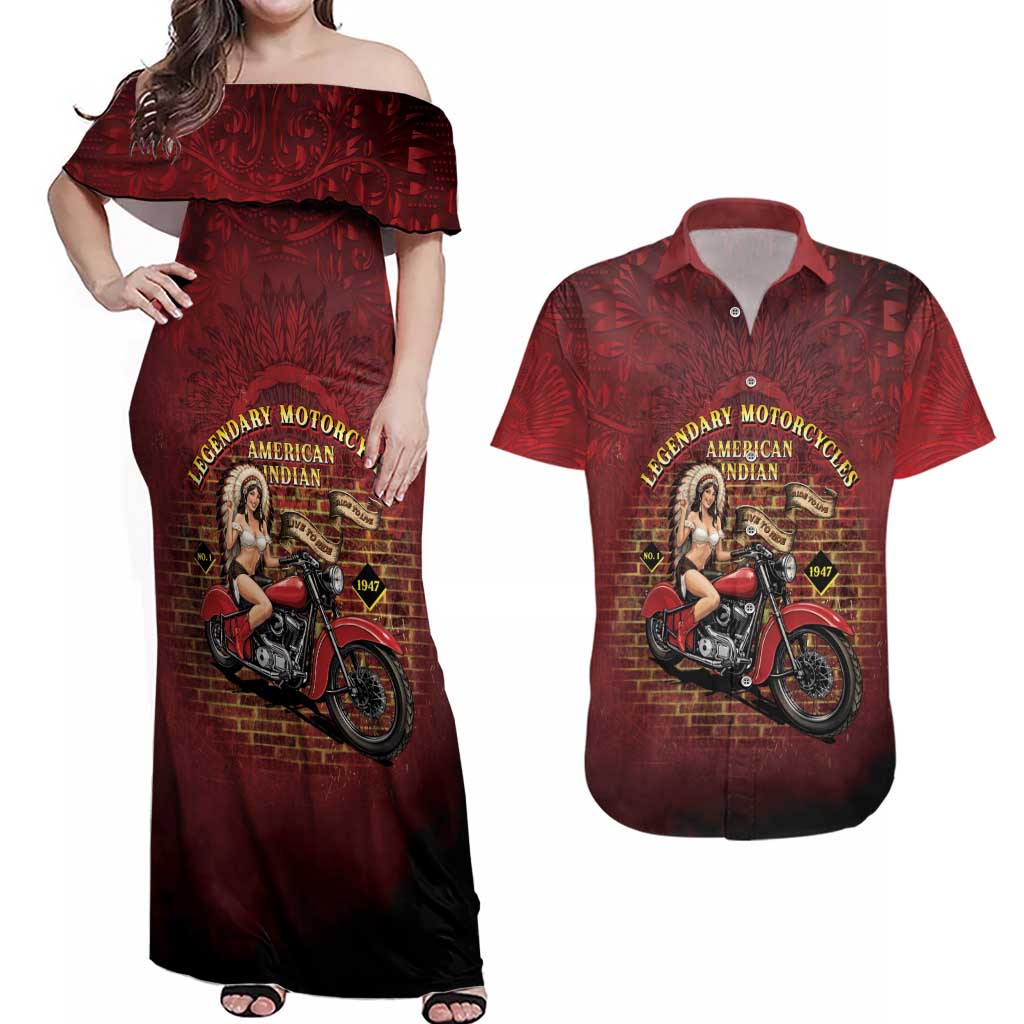 Native American Rider Couples Matching Off Shoulder Maxi Dress and Hawaiian Shirt Legendary Motorcycle Vintage Pin Up Girl - Wonder Print Shop