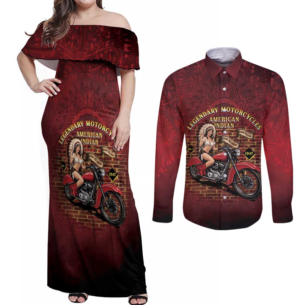 Native American Rider Couples Matching Off Shoulder Maxi Dress and Long Sleeve Button Shirt Legendary Motorcycle Vintage Pin Up Girl - Wonder Print Shop