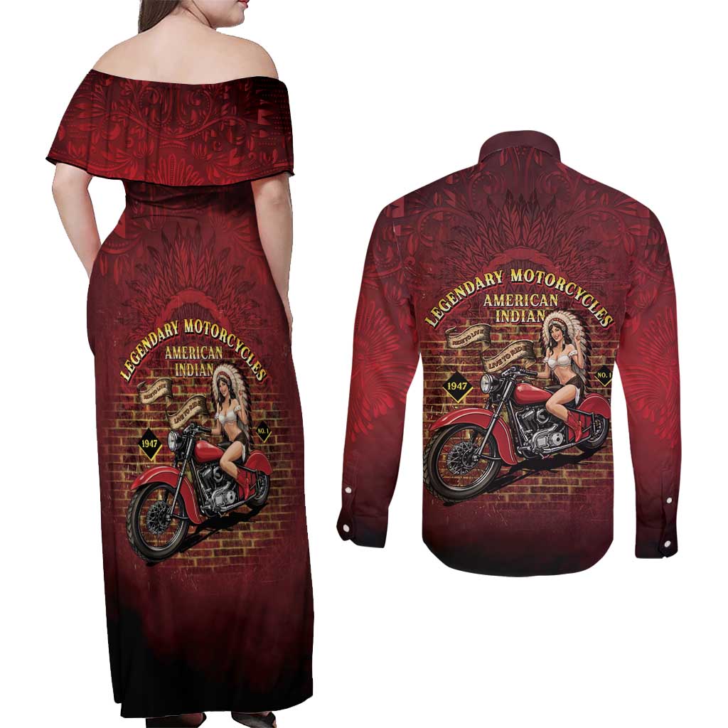 Native American Rider Couples Matching Off Shoulder Maxi Dress and Long Sleeve Button Shirt Legendary Motorcycle Vintage Pin Up Girl - Wonder Print Shop