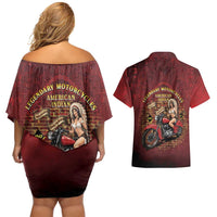 Native American Rider Couples Matching Off Shoulder Short Dress and Hawaiian Shirt Legendary Motorcycle Vintage Pin Up Girl - Wonder Print Shop