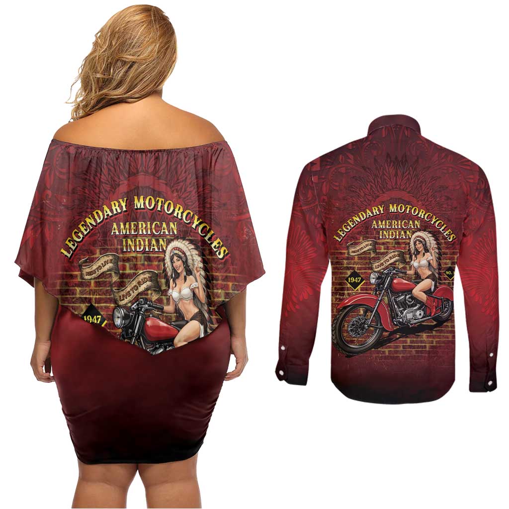 Native American Rider Couples Matching Off Shoulder Short Dress and Long Sleeve Button Shirt Legendary Motorcycle Vintage Pin Up Girl - Wonder Print Shop
