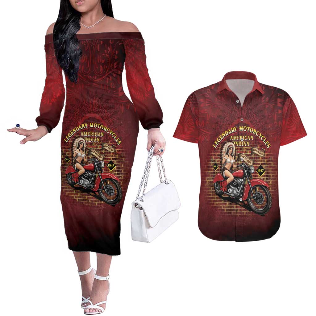 Native American Rider Couples Matching Off The Shoulder Long Sleeve Dress and Hawaiian Shirt Legendary Motorcycle Vintage Pin Up Girl - Wonder Print Shop